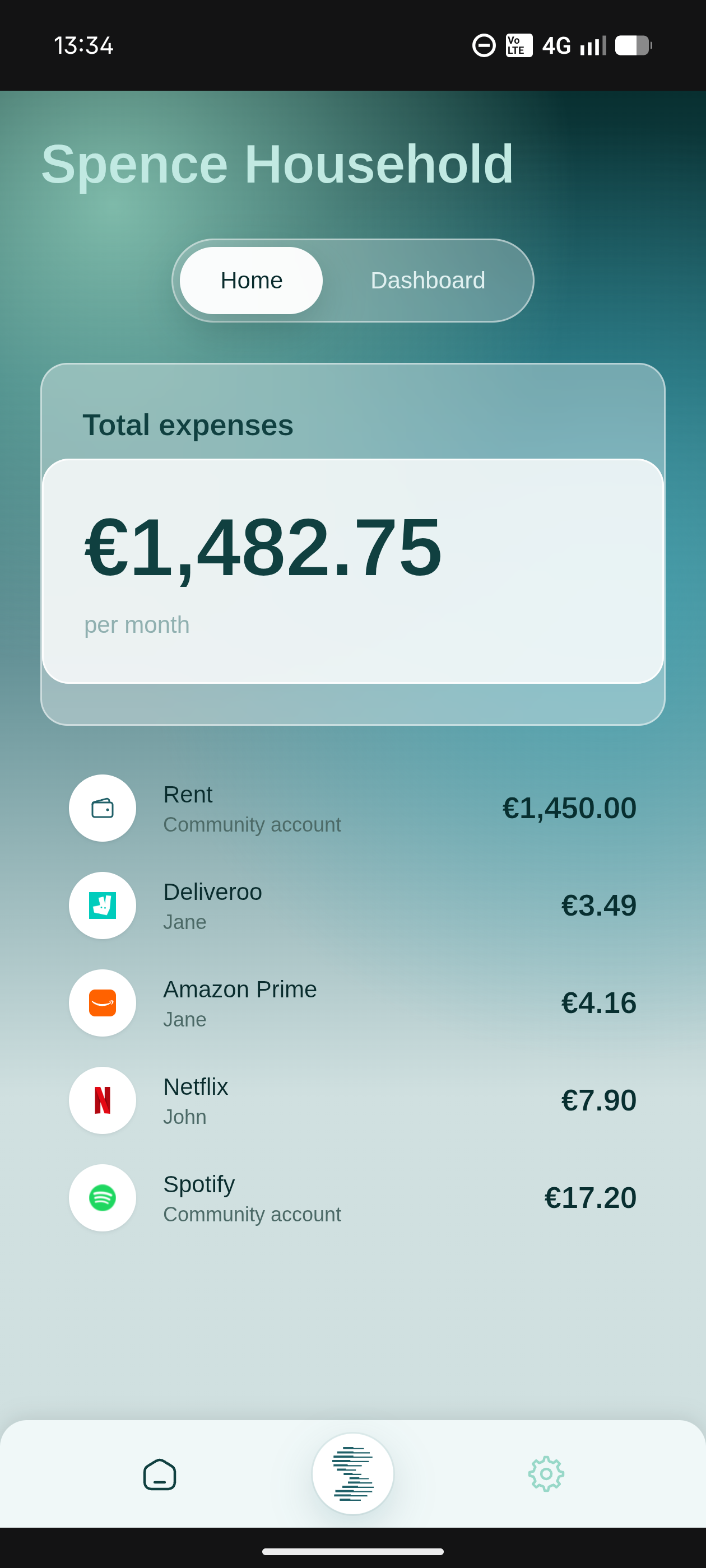 Spence app preview showing household recurring expenses overview.